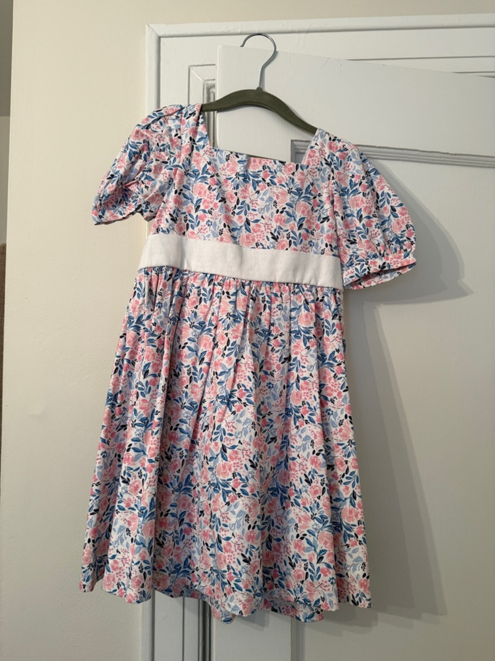 Girls' Floral Cotton Dress with White Waistband - Pink & Blue